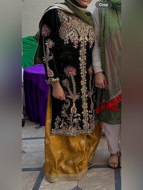 Embroidered dark green Velvet Kurta with Gold Sharara